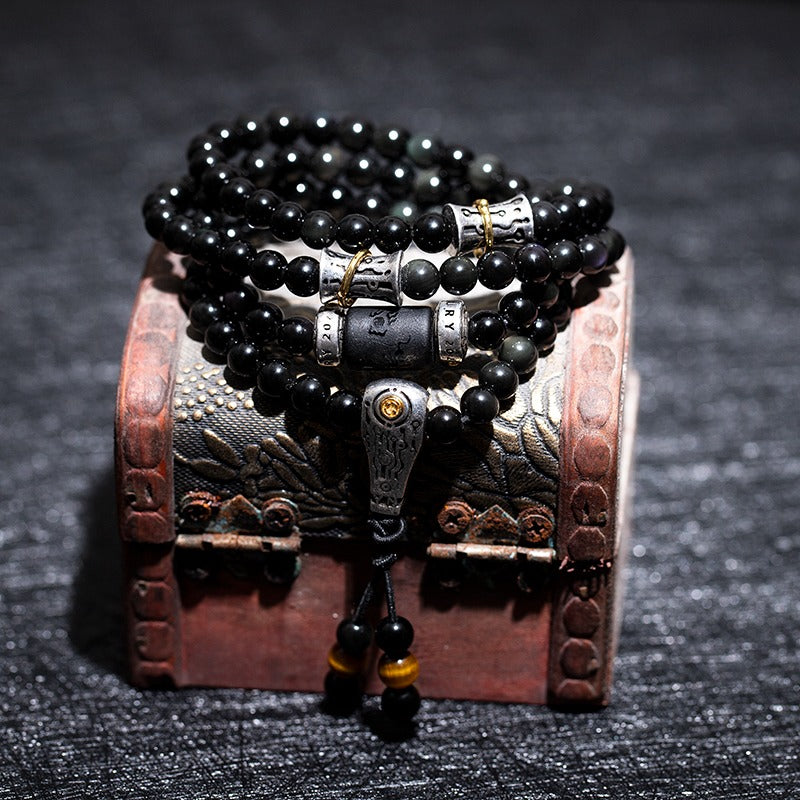 108 Mala Beads Natural Obsidian Wealth Luck Spiritual Healing Bracelet