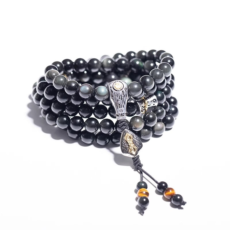 108 Mala Beads Natural Obsidian Wealth Luck Spiritual Healing Bracelet