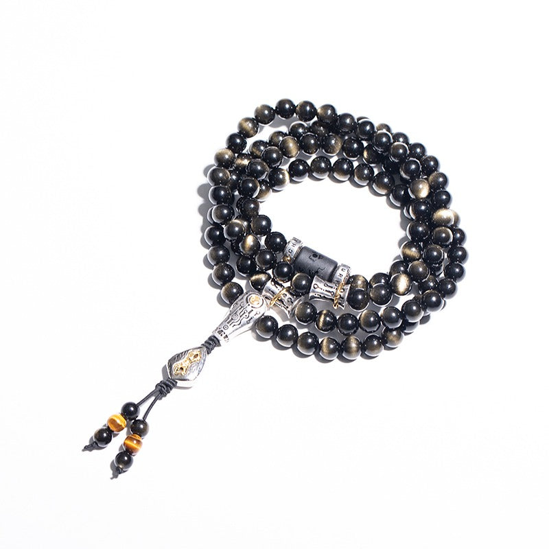 108 Mala Beads Natural Obsidian Wealth Luck Spiritual Healing Bracelet