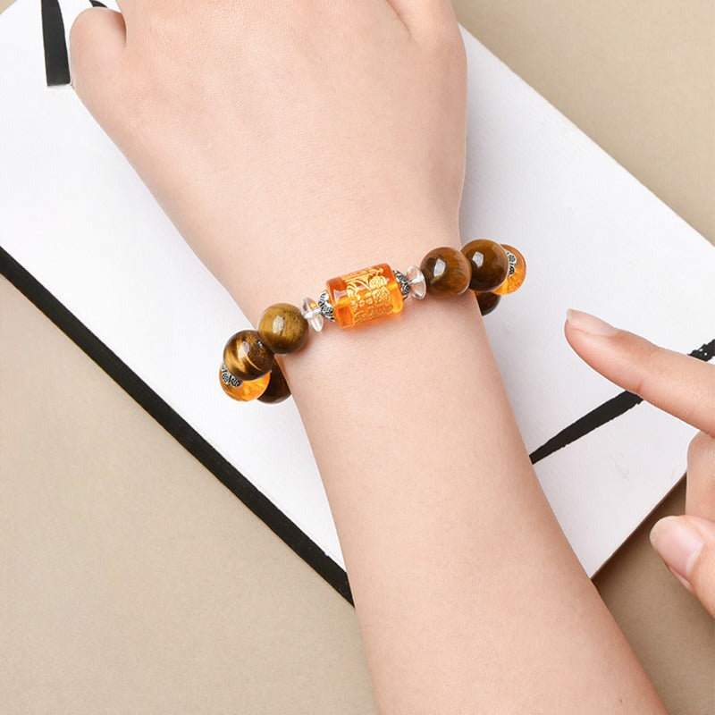 God of Wealth Tiger Eye Stone Auspicious Heart Sutra Bracelet