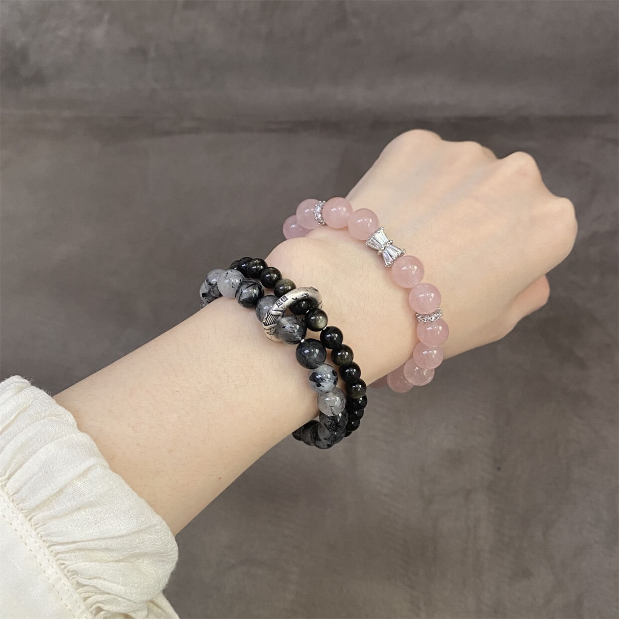 990 Sterling Silver Black Rutilated Quartz Golden Obsidian Koi Peace & Good Luck Double Layer Bracelet