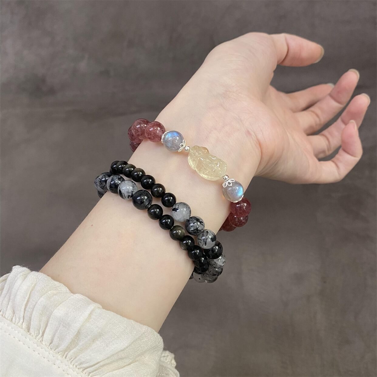 990 Sterling Silver Black Rutilated Quartz Golden Obsidian Koi Peace & Good Luck Double Layer Bracelet