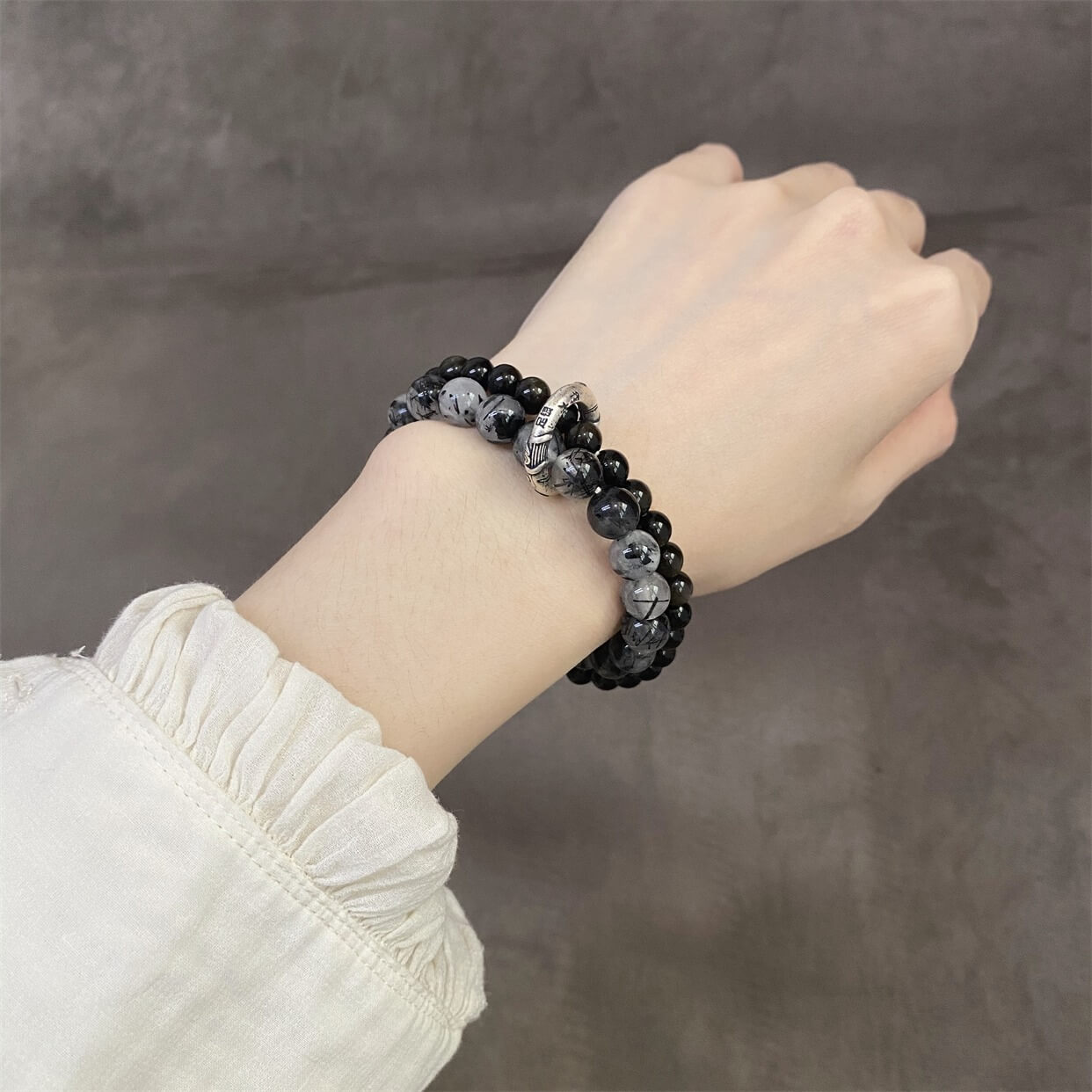 990 Sterling Silver Black Rutilated Quartz Golden Obsidian Koi Peace & Good Luck Double Layer Bracelet