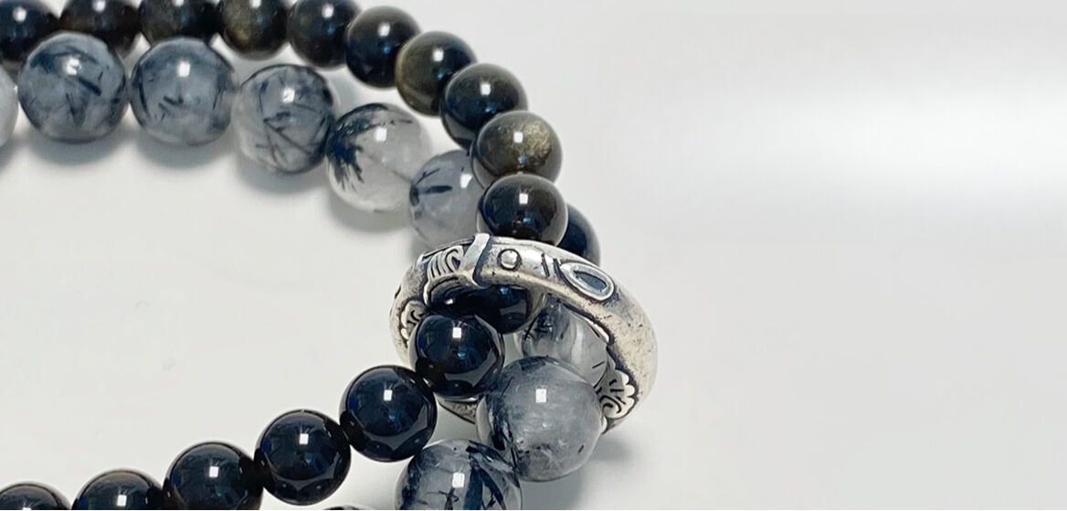 990 Sterling Silver Black Rutilated Quartz Golden Obsidian Koi Peace & Good Luck Double Layer Bracelet