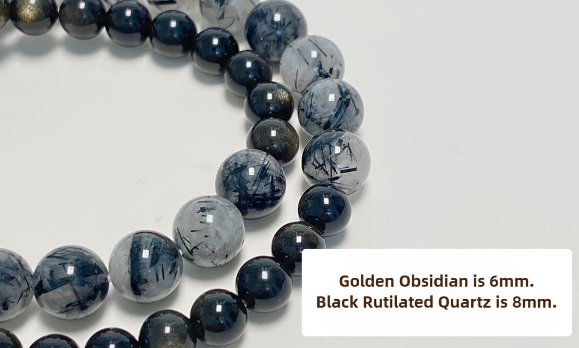 990 Sterling Silver Black Rutilated Quartz Golden Obsidian Koi Peace & Good Luck Double Layer Bracelet
