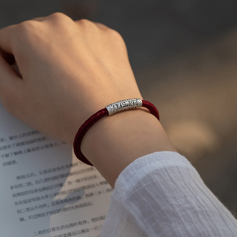 999 Sterling Silver Six True Words Blessing Spiritual Protection Good Luck Red String Bracelet