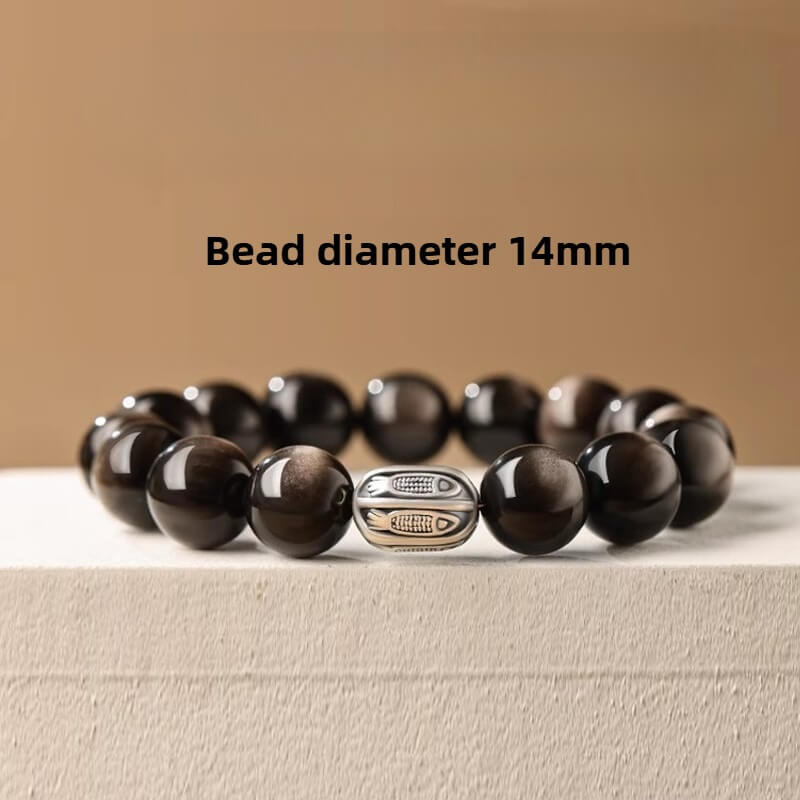 999 Sterling Silver Year Of Snake Silver Sheen Obsidian Koi Lucky Bracelet
