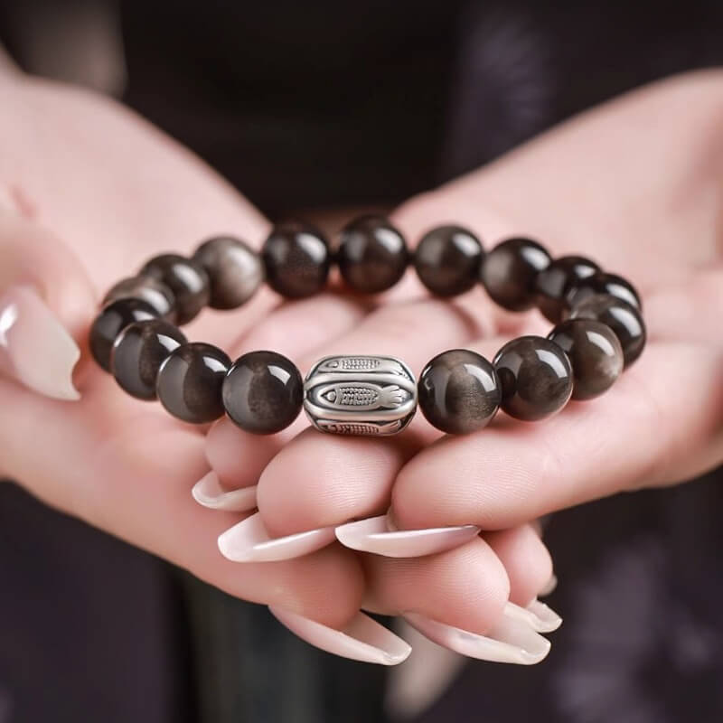 999 Sterling Silver Year Of Snake Silver Sheen Obsidian Koi Lucky Bracelet