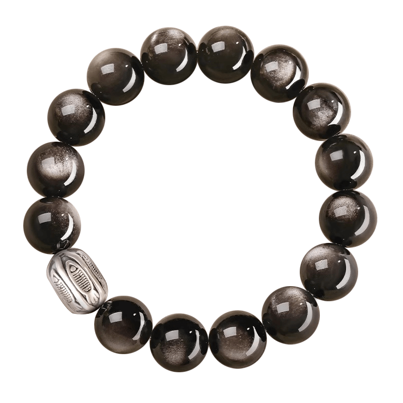 999 Sterling Silver Year Of Snake Silver Sheen Obsidian Koi Lucky Bracelet