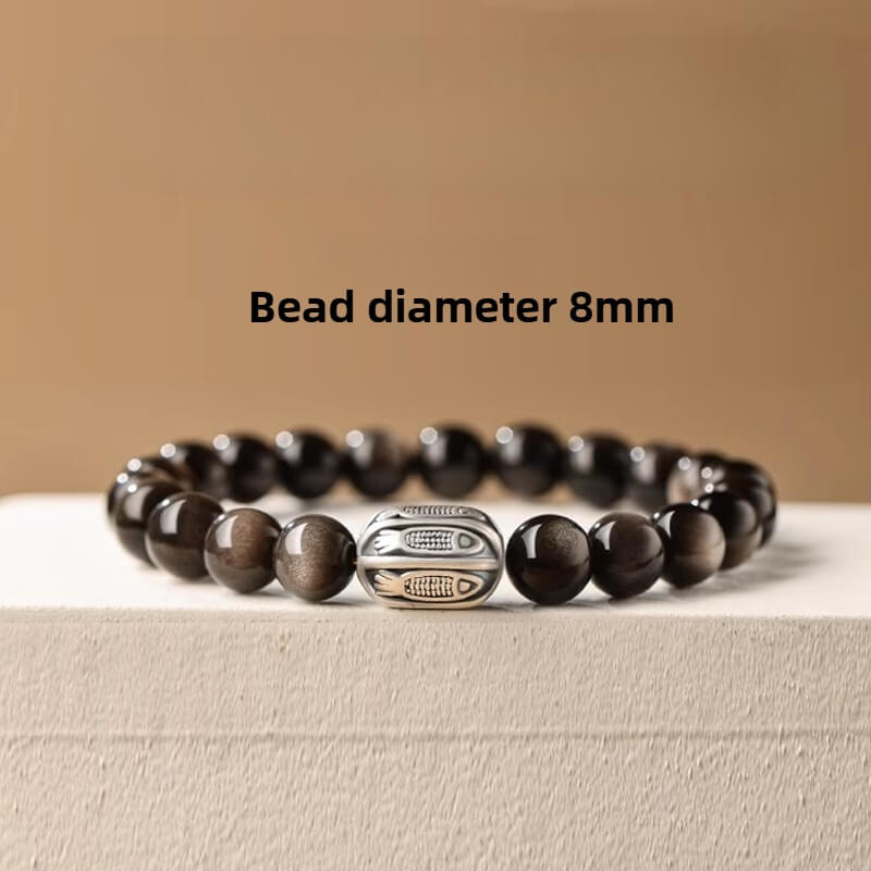 999 Sterling Silver Year Of Snake Silver Sheen Obsidian Koi Lucky Bracelet