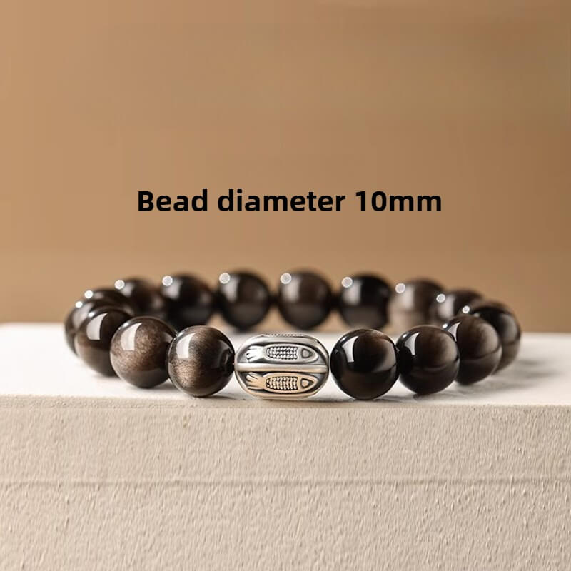 999 Sterling Silver Year Of Snake Silver Sheen Obsidian Koi Lucky Bracelet