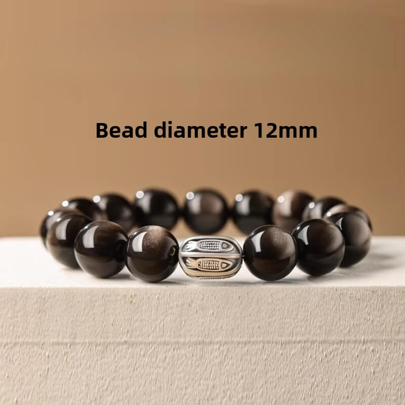 999 Sterling Silver Year Of Snake Silver Sheen Obsidian Koi Lucky Bracelet
