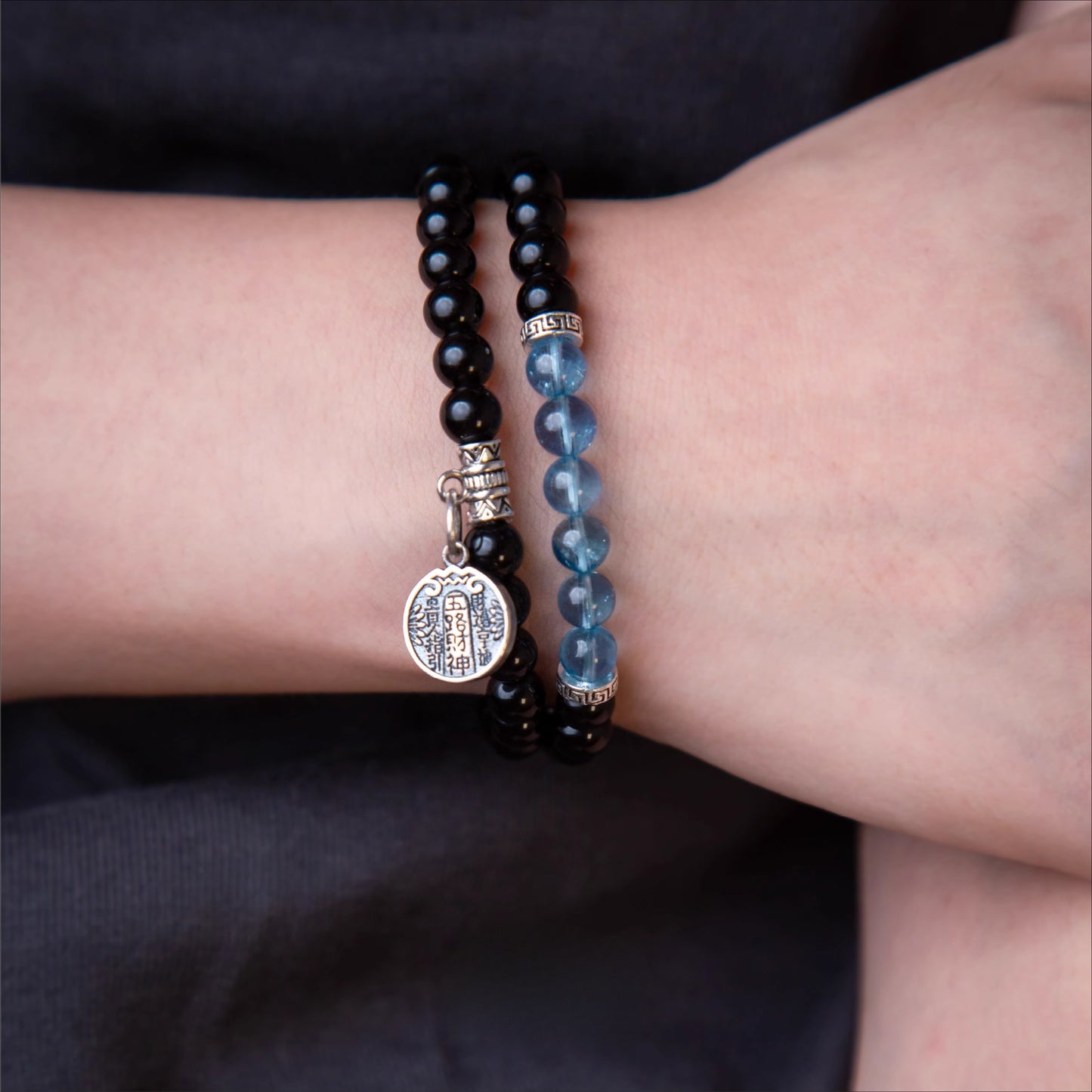 Aquamarine Black Obsidian Crystal Five Paths God of Wealth Bracelet - Fortune and Prosperity Amulet