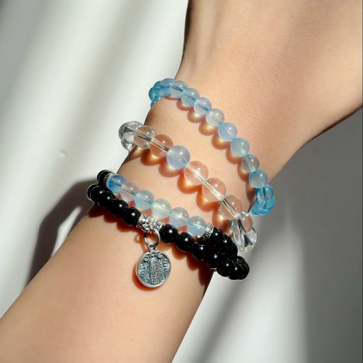 Aquamarine Black Obsidian Crystal Five Paths God of Wealth Bracelet - Fortune and Prosperity Amulet