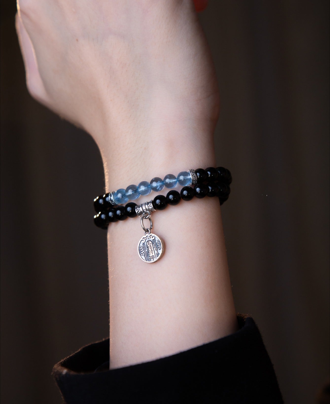 Aquamarine Black Obsidian Crystal Five Paths God of Wealth Bracelet - Fortune and Prosperity Amulet