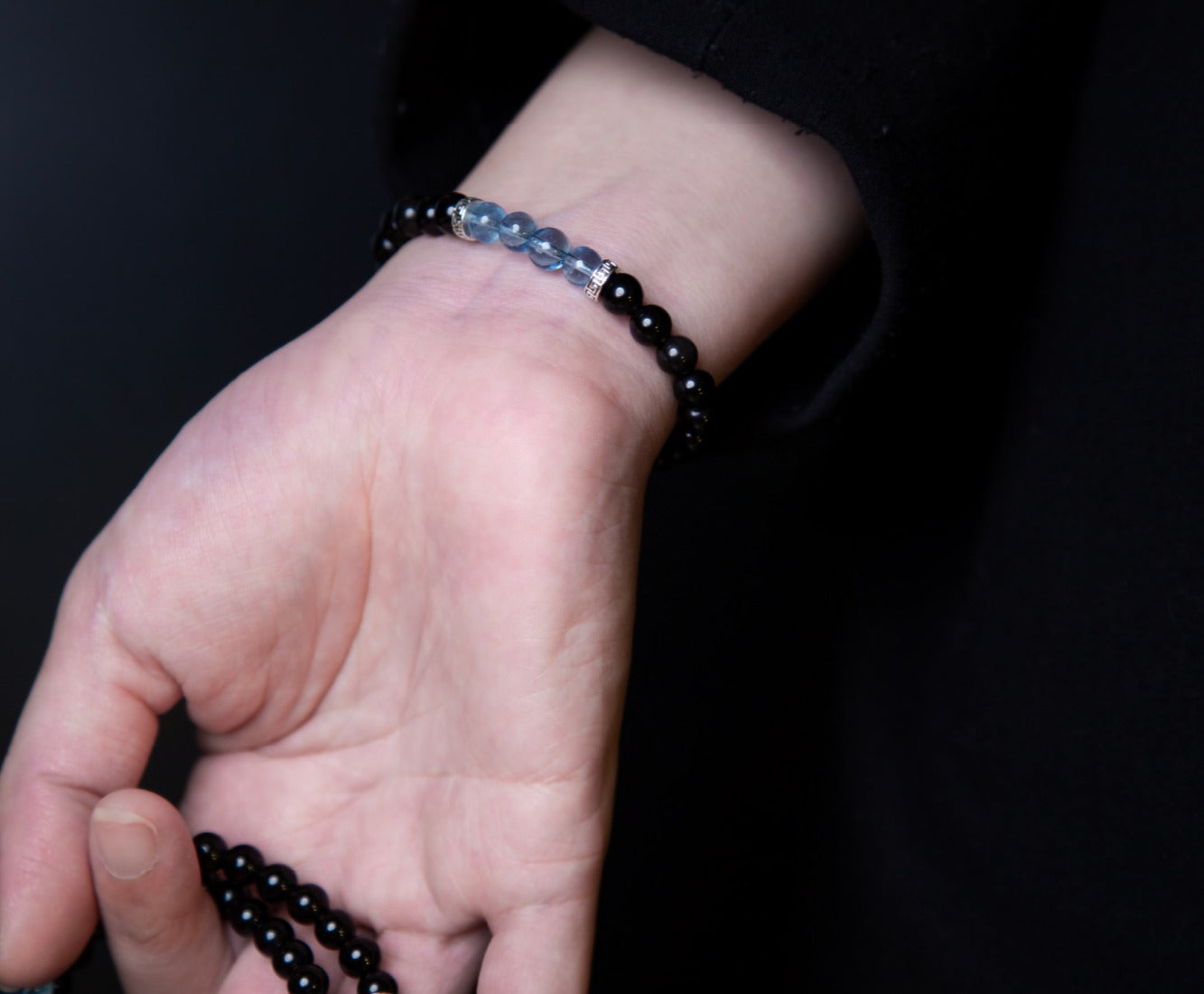 Aquamarine Black Obsidian Crystal Five Paths God of Wealth Bracelet - Fortune and Prosperity Amulet