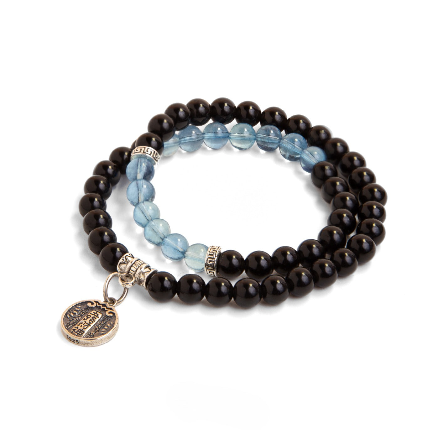 Aquamarine Black Obsidian Crystal Five Paths God of Wealth Bracelet - Fortune and Prosperity Amulet