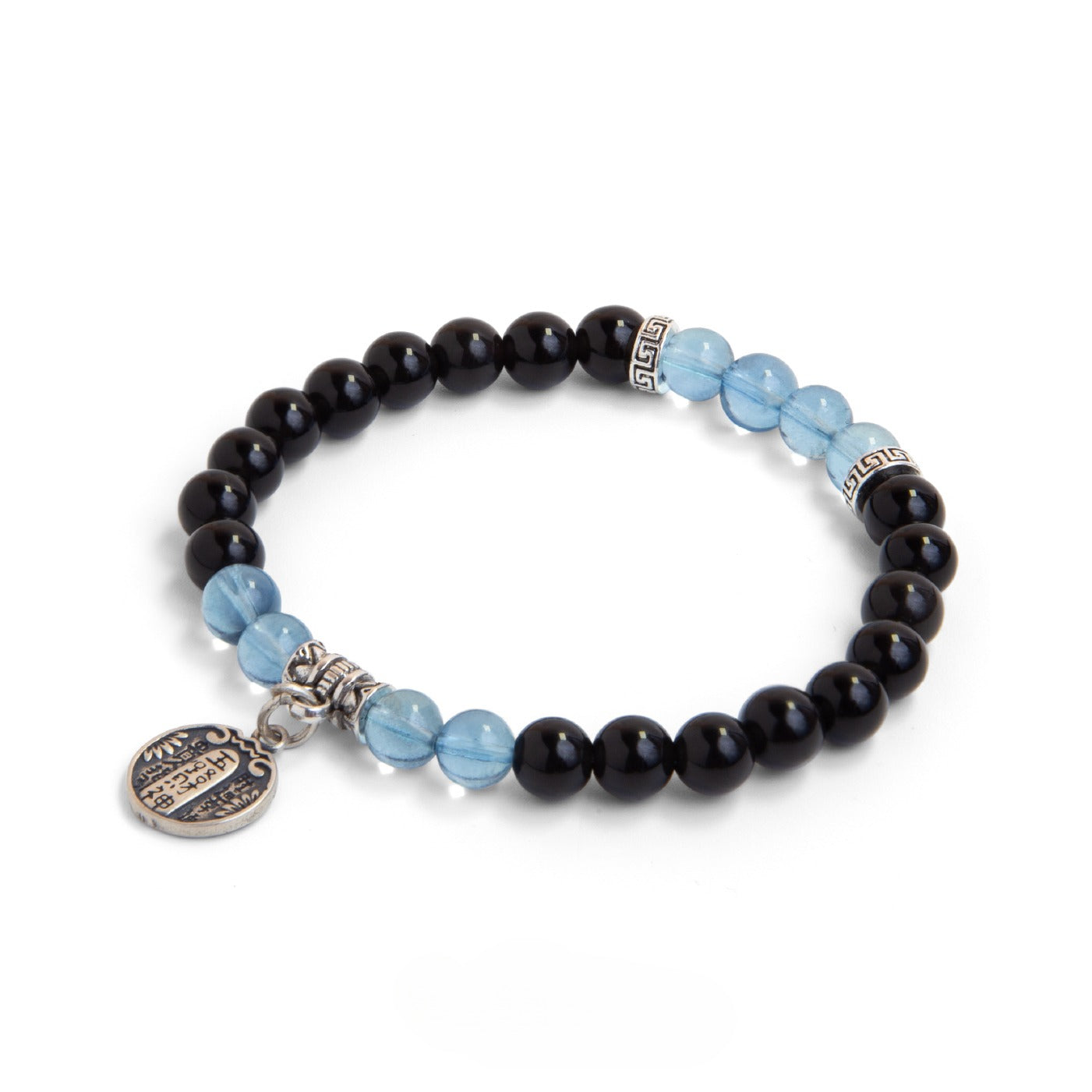 Aquamarine Black Obsidian Crystal Five Paths God of Wealth Bracelet - Fortune and Prosperity Amulet