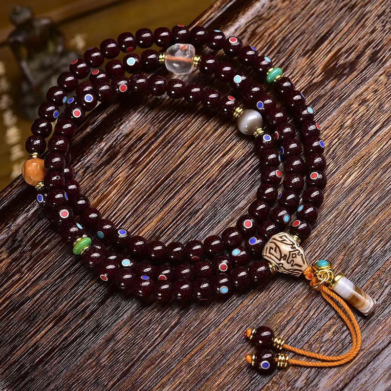 Cinnabar Agate Crystal Star and Moon Bodhi 108 Mala Beads Healing & Spiritual Protection Bracelet