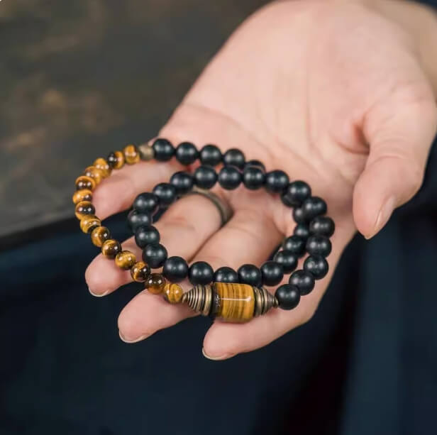 Ebony Wood Tiger's Eye Courage Double Loop Bracelet-Faith•Courage•Boldness•Success