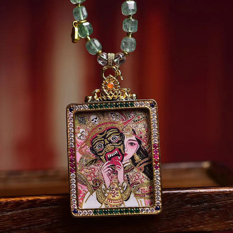Zhakiram Hand-Painted Thangka Buddha Pendant Crystal Necklace