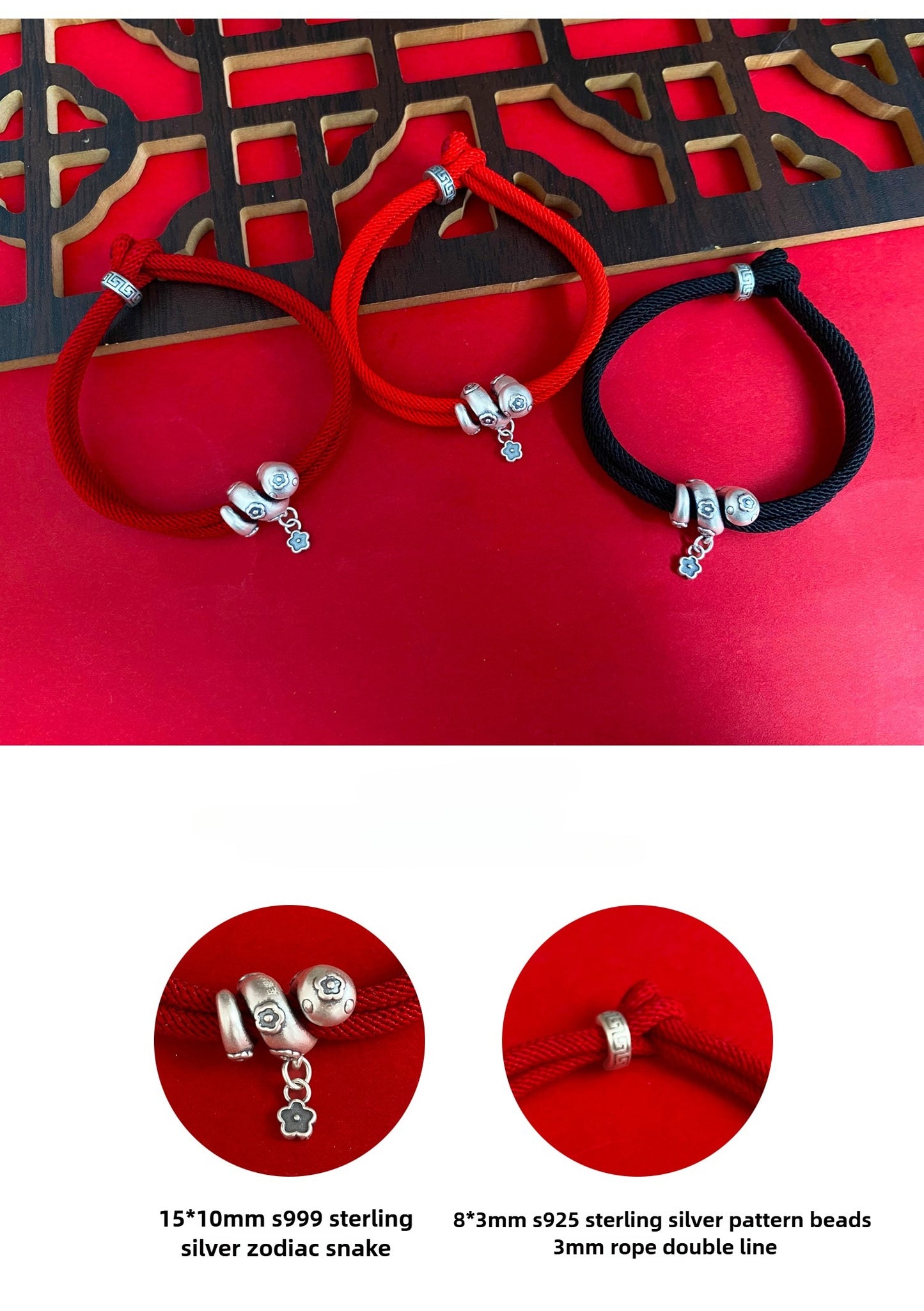 Handmade 999 Sterling Silver Year Of Snake Spirit Snake Red String Protection Braided Bracelet