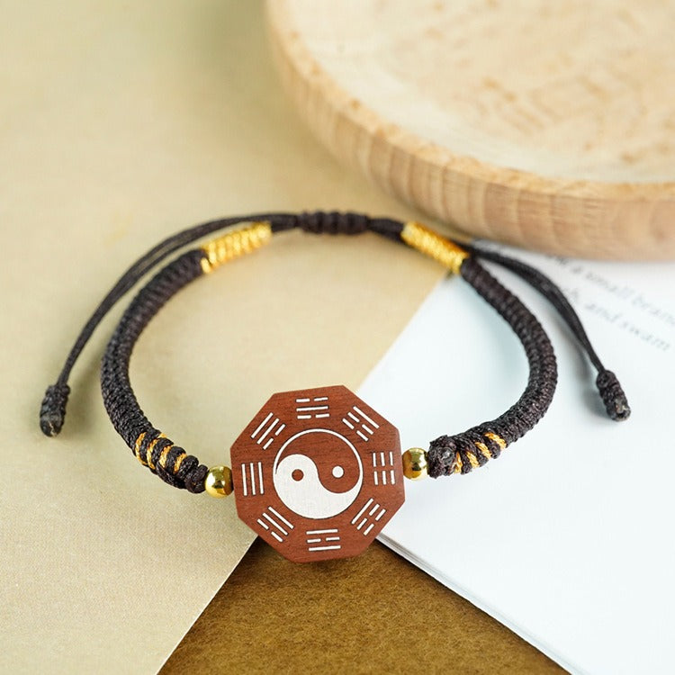 Jujube Wood Silver Vajra Knot Yin Yang Bagua Protection Feng Shui Bracelet