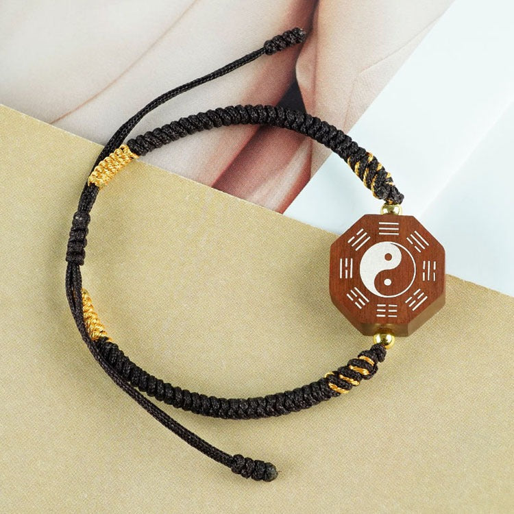 Jujube Wood Silver Vajra Knot Yin Yang Bagua Protection Feng Shui Bracelet