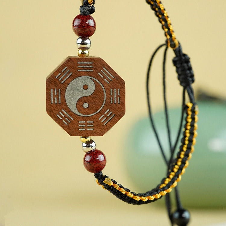 Jujube Wood Silver Vajra Knot Yin Yang Bagua Protection Feng Shui Bracelet