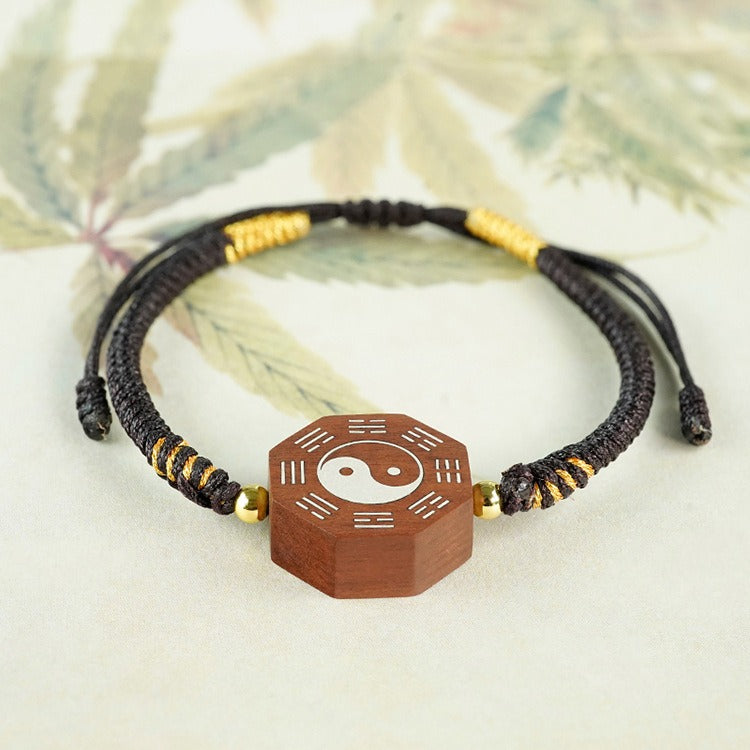 Jujube Wood Silver Vajra Knot Yin Yang Bagua Protection Feng Shui Bracelet