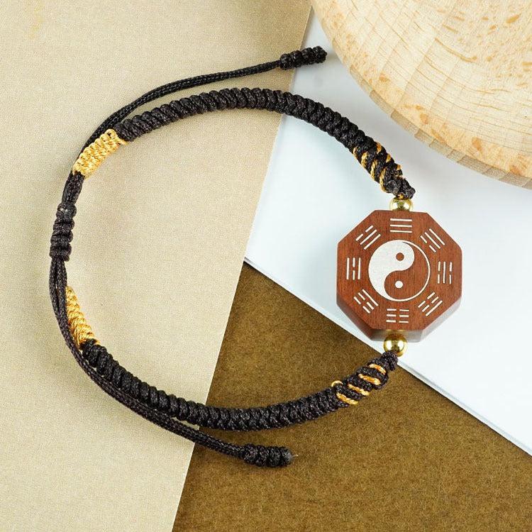 Jujube Wood Silver Vajra Knot Yin Yang Bagua Protection Feng Shui Bracelet