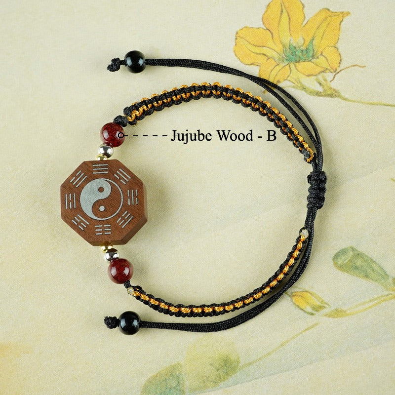Jujube Wood Silver Vajra Knot Yin Yang Bagua Protection Feng Shui Bracelet