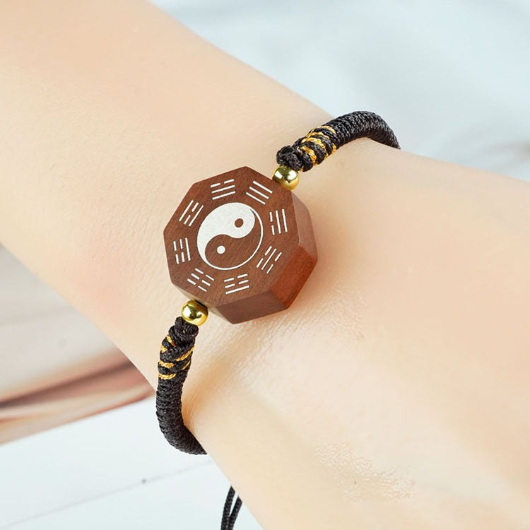 Jujube Wood Silver Vajra Knot Yin Yang Bagua Protection Feng Shui Bracelet