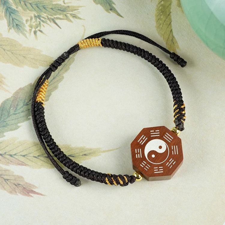 Jujube Wood Silver Vajra Knot Yin Yang Bagua Protection Feng Shui Bracelet
