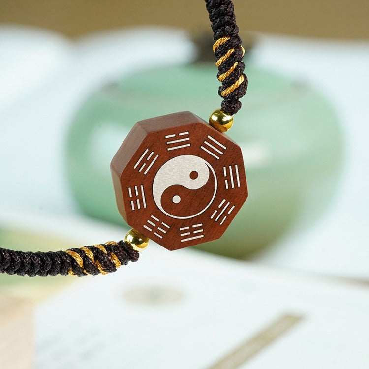 Jujube Wood Silver Vajra Knot Yin Yang Bagua Protection Feng Shui Bracelet