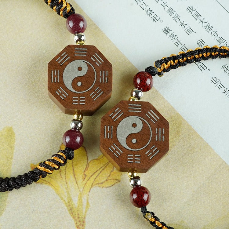 Jujube Wood Silver Vajra Knot Yin Yang Bagua Protection Feng Shui Bracelet