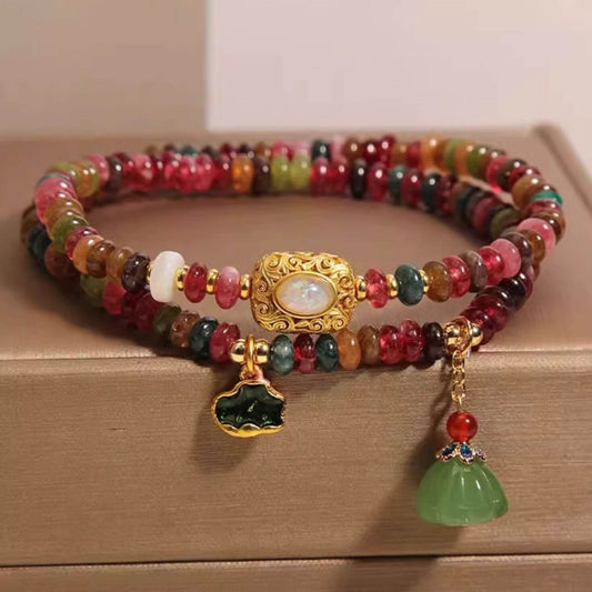 Natural Colorful Tourmaline Lotus Leaf Well Love Double Wrap Bracelet