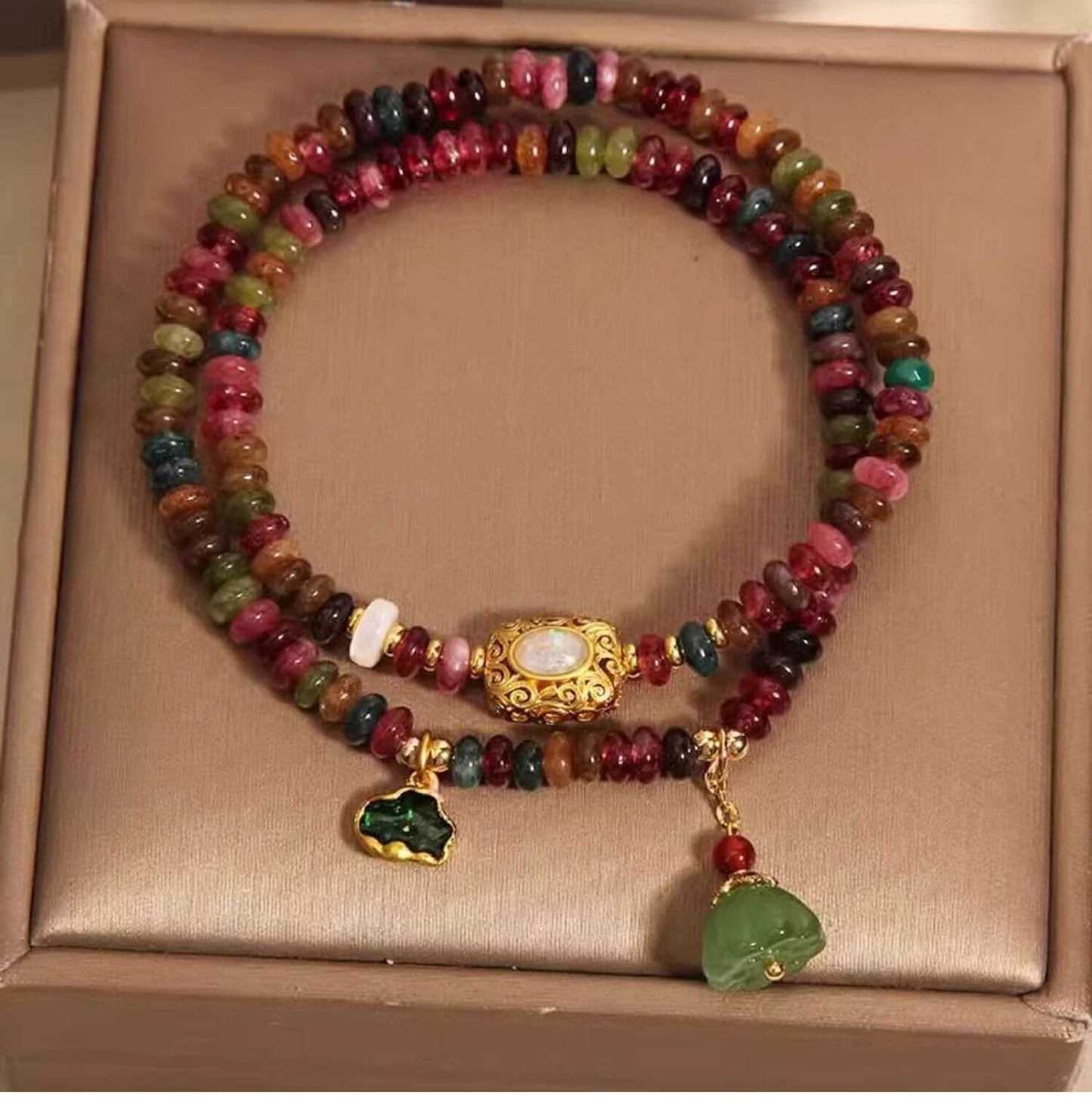 Natural Colorful Tourmaline Lotus Leaf Well Love Double Wrap Bracelet