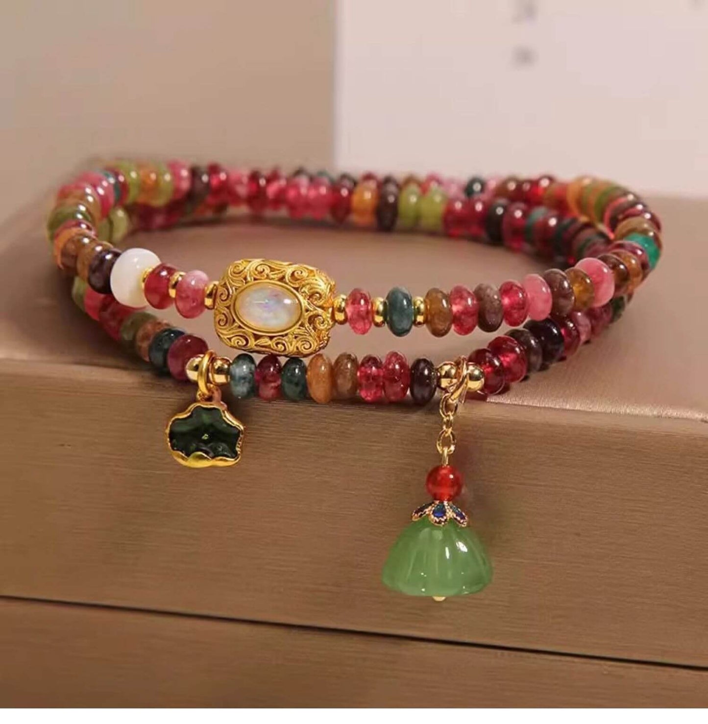 Natural Colorful Tourmaline Lotus Leaf Well Love Double Wrap Bracelet