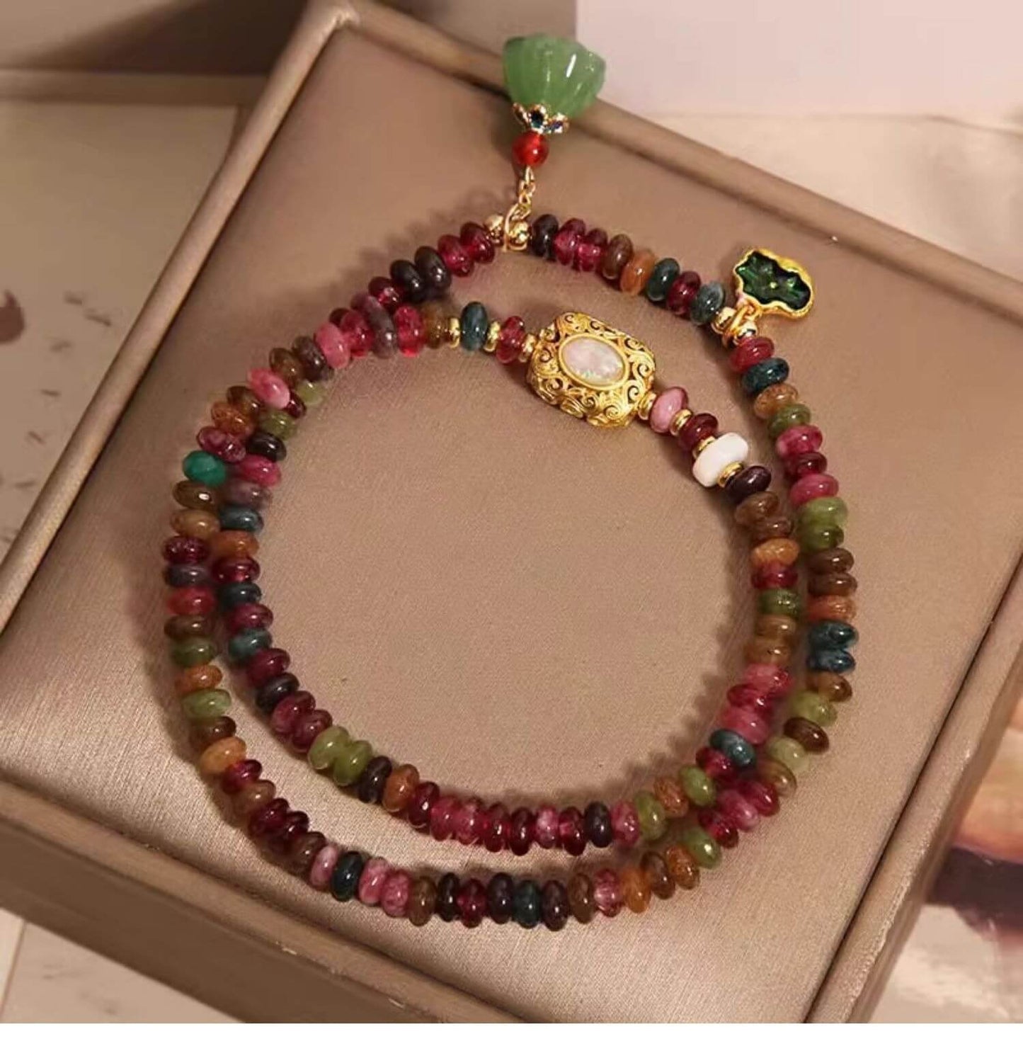 Natural Colorful Tourmaline Lotus Leaf Well Love Double Wrap Bracelet