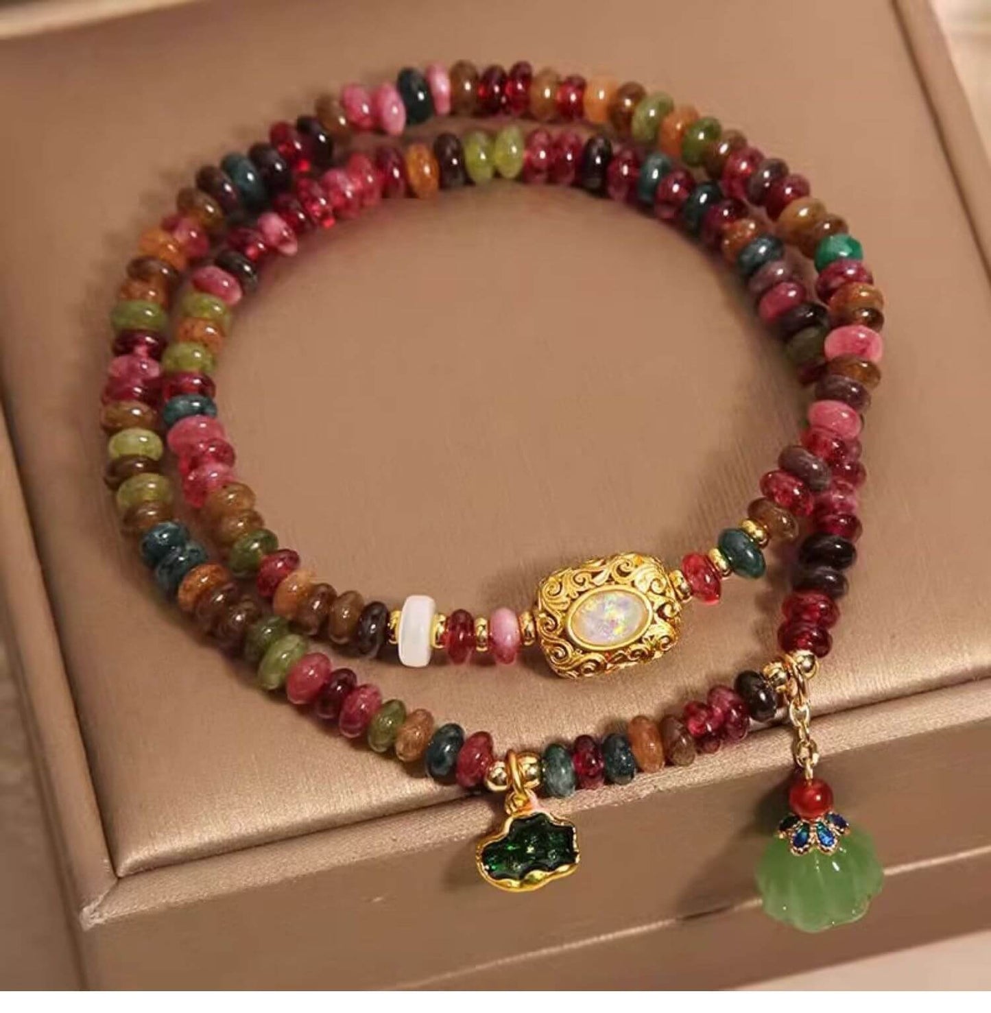 Natural Colorful Tourmaline Lotus Leaf Well Love Double Wrap Bracelet