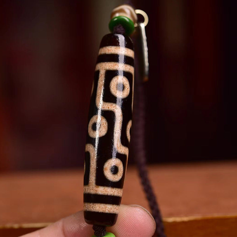 Handmade Tibetan Nine-Eyed Dzi Bead Necklace with Agate Four-Eyed Dzi Bead