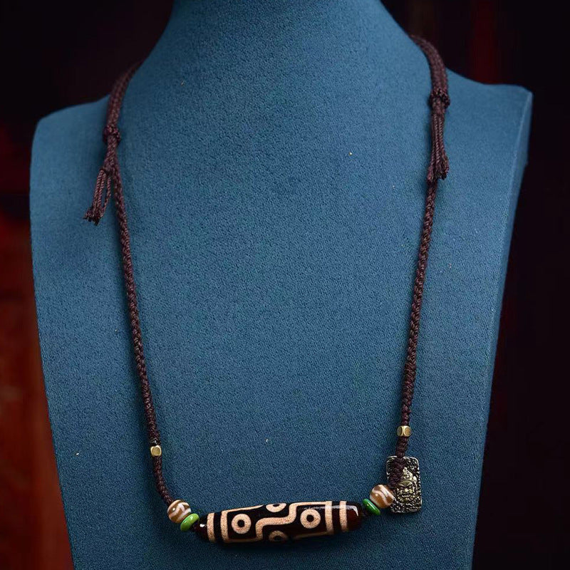Handmade Tibetan Nine-Eyed Dzi Bead Necklace with Agate Four-Eyed Dzi Bead