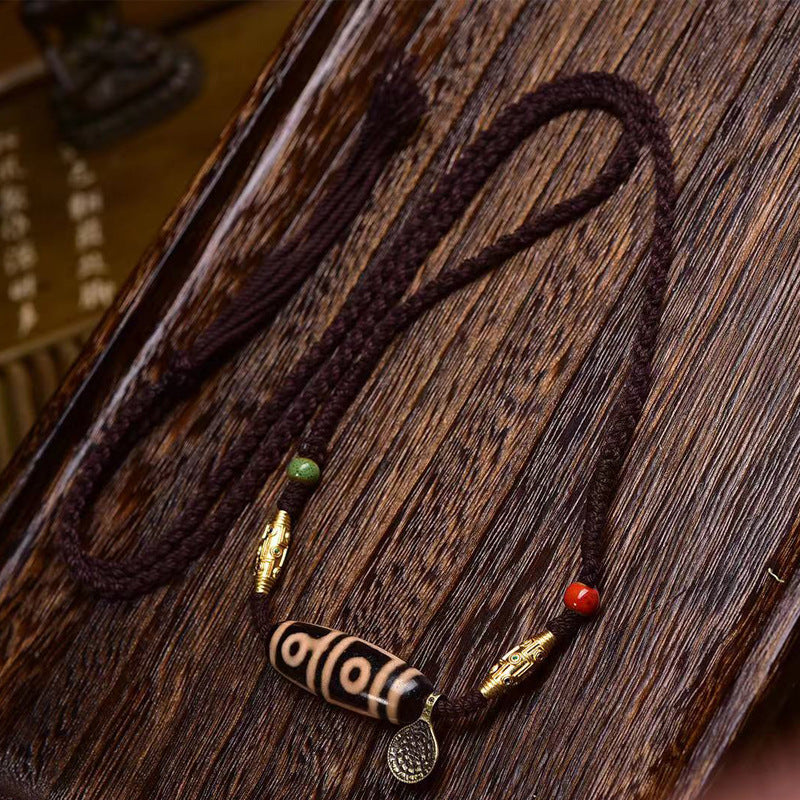 Handmade Tibetan Nine-Eyed Dzi Bead Necklace with Agate Four-Eyed Dzi Bead