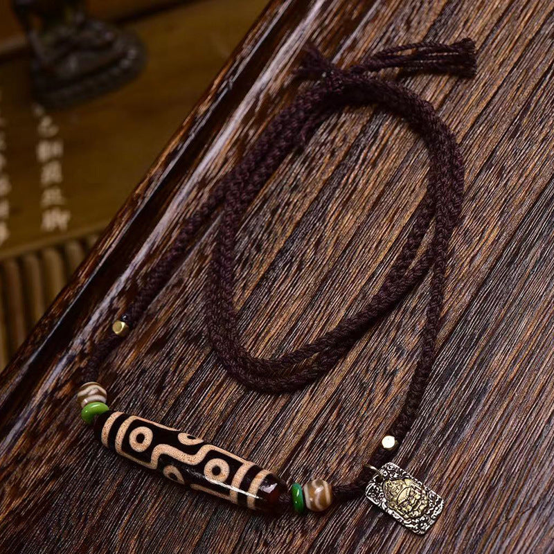 Handmade Tibetan Nine-Eyed Dzi Bead Necklace with Agate Four-Eyed Dzi Bead