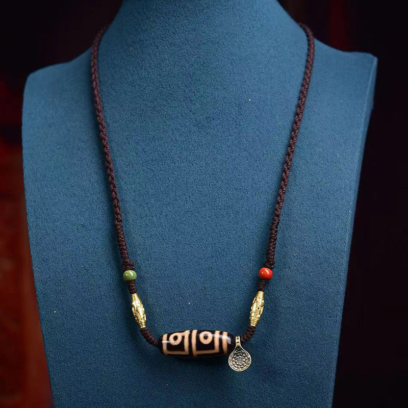Handmade Tibetan Nine-Eyed Dzi Bead Necklace with Agate Four-Eyed Dzi Bead