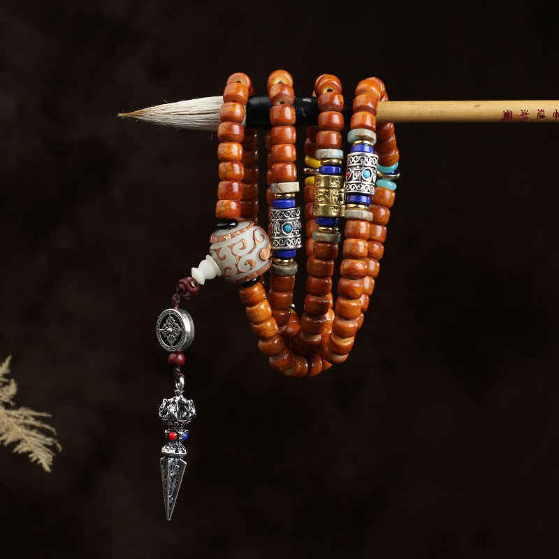 Tibet 108 Camel Bone Mala Beads White Jade Bodhi Seed Vajra Silver Snowflake Auspiciousness Bracelet
