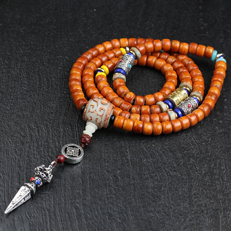 Tibet 108 Camel Bone Mala Beads White Jade Bodhi Seed Vajra Silver Snowflake Auspiciousness Bracelet