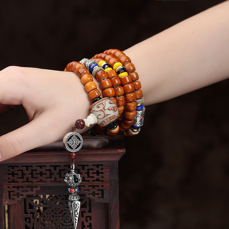 Tibet 108 Camel Bone Mala Beads White Jade Bodhi Seed Vajra Silver Snowflake Auspiciousness Bracelet