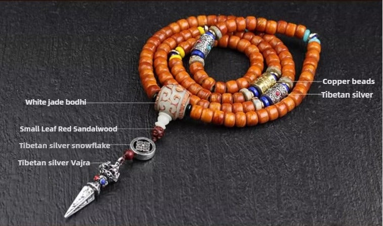 Tibet 108 Camel Bone Mala Beads White Jade Bodhi Seed Vajra Silver Snowflake Auspiciousness Bracelet